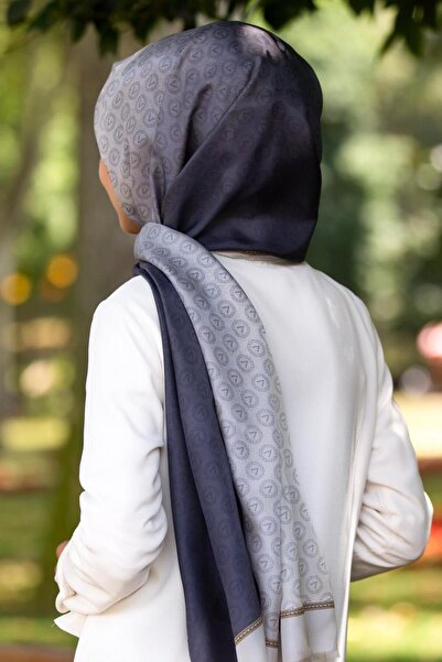 Vissona %100 İpek Degradeli Ve Monogram Desenli Gri - Gold Renkli 92x210 Şal