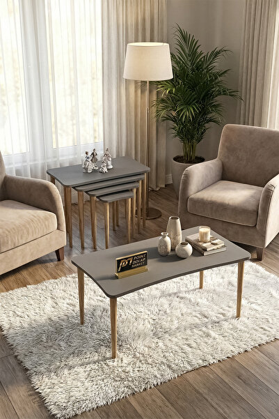 PDMPOİNT DOLAP MARKET Gondol 4 Lü Zigon Sehpa Takımı Ve Orta Sehpa - Antrasit