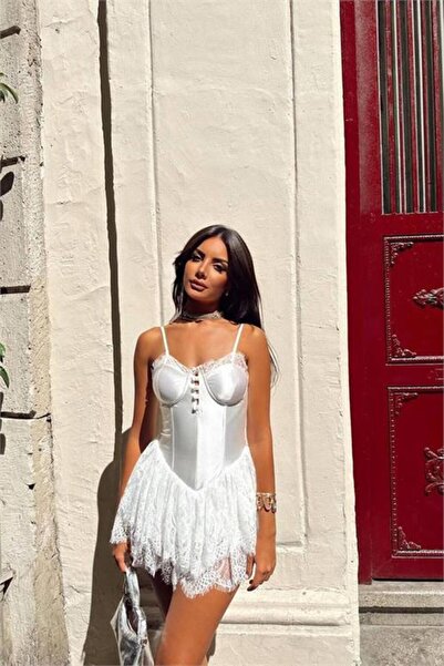 Neşeli Butik Women's White Satin Fabric Tulle Skirt Mini Length Suspender Dress