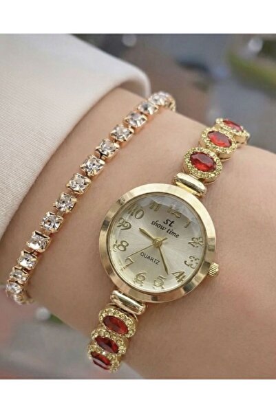 CAST COLLECTİON Women's Gold Yellow Red Stone Detailed Watch