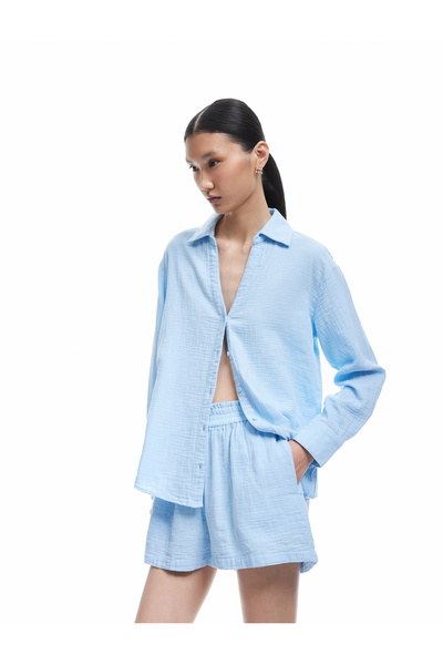 Koton Women'S Blue Oversize Muslin Shirt