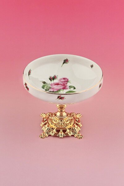 Bursa Porselen Dekor وعاء من البورسلين مع قاعدة معدنية بلون وردي وردي