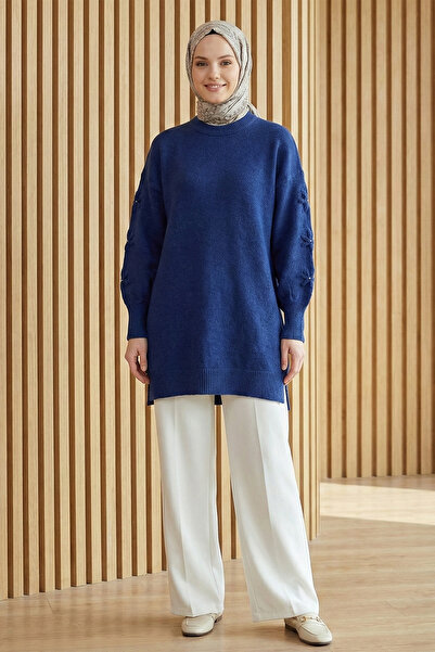 FERHEL Women's Soft Knit Sweater with Floral Detail on the Sleeve - Navy Blue