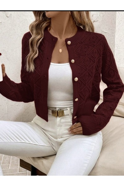 Gülçin Coşkun Baklava Pattern Buttoned Openwork Crew Neck Medium Length 100% ...