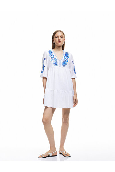 Koton Women'S Blue Design V Neck Dress