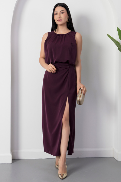 PULLIMM Crew Neck Slit Gathered Satin Dress 26Y200