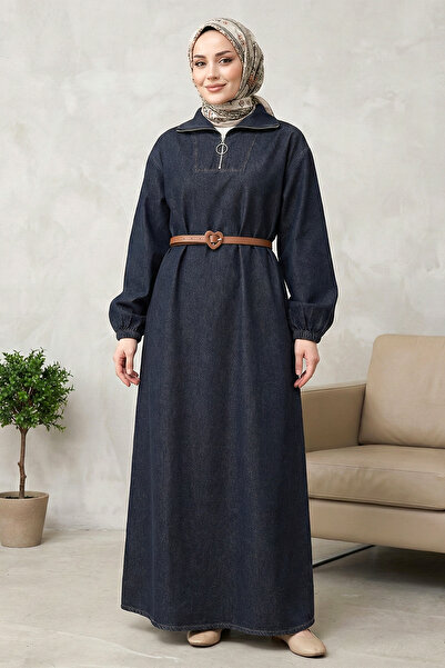 FERHEL Women's Half High Collar Zippered Pocket Long Denim Dress - Anthracite