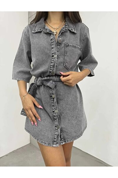 KENE JEANS Belted Full Button Closure Short Denim Dress