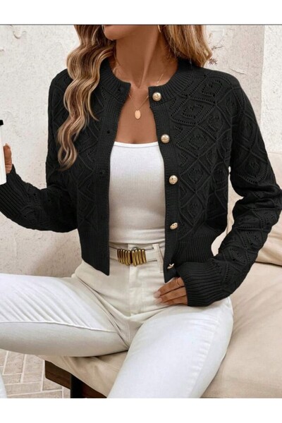 Gülçin Coşkun Baklava Pattern Buttoned Openwork Crew Neck Medium Length 100% ...