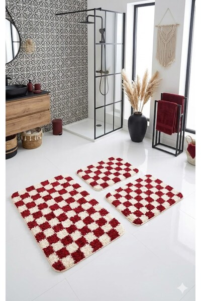 EUROBANO Chess Dama 3'Lü Bath Mat Bone-Red 80X50 50X40 50X40 cm Washable Late...