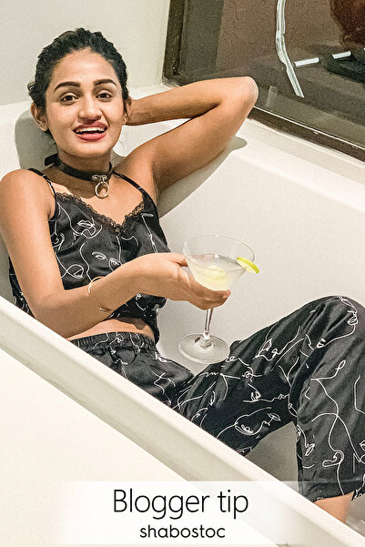 Clovia Plush Satin Printed Top & Pyjama Set in Black