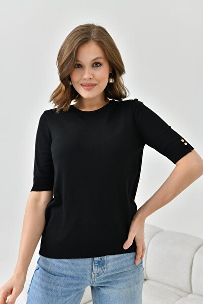 Arbucky Women's Crew Neck Gold Button Detailed Short Sleeve Blouse
