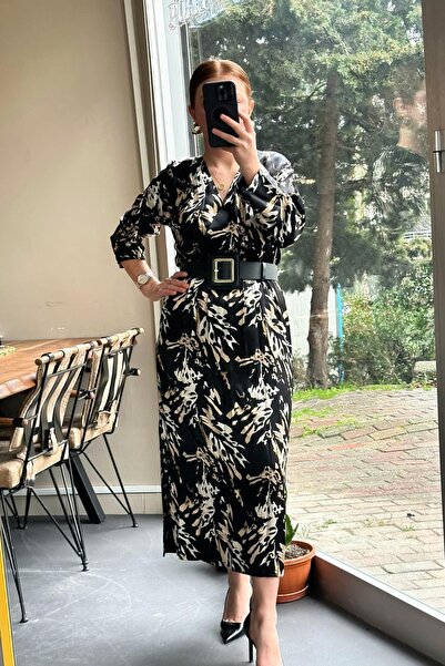 Pulli Collection Кемер Детальний атласний візерунок V-подібний виріз Midi сукня