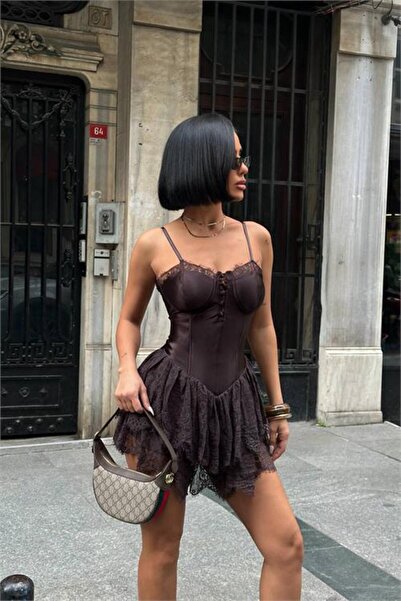 Neşeli Butik Women's Brown Satin Fabric Tulle Skirt Mini Length Suspender Dress