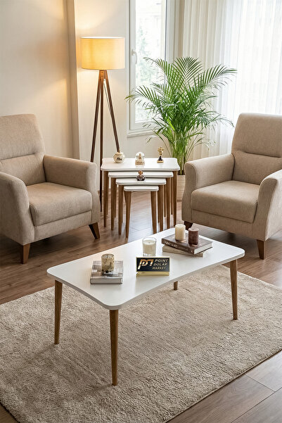 PDMPOİNT DOLAP MARKET Gondol 4 lü Zigon Ve Orta Sehpa - Beyaz