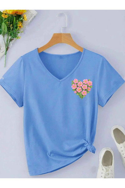 SUNFREE Mix Flowers Printed V-Neck Cotton Combed Cotton Short Sleeve Women's ...