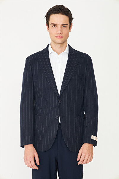 White Stone Navy Blue Striped Sports Blazer Jacket