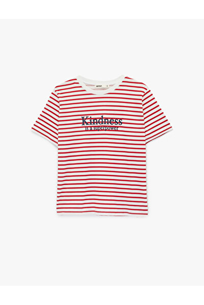 Koton تيشيرت نسائي مخطط باللون الأحمر مخطط من قطن