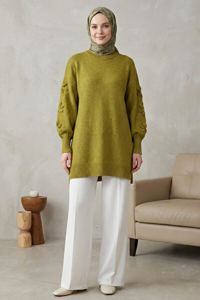 FERHEL Women's Soft Knit Sweater with Floral Detail on the Sleeve - Oil Green