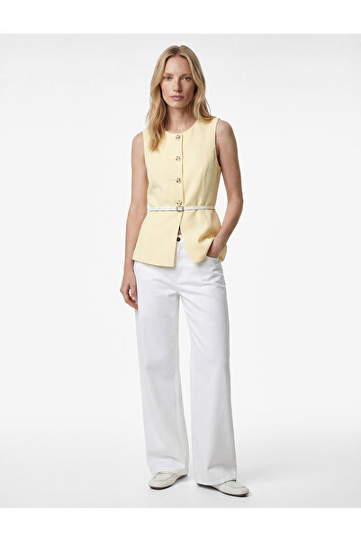 Koton سترة نسائية صفراء طويلة بتصميم بيبلوم