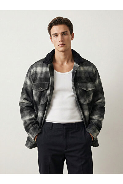da collection Erkek Relax Fit Kürkü Ceket Ekoseli