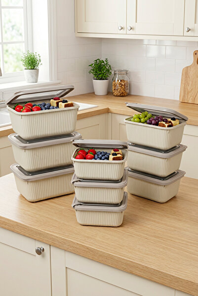 Homekolik Set of 9 Rectangular Storage Containers Beige – Suitable for Microw...