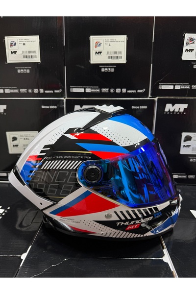 MT Helmets Mt Thunder 4 Luminence A7 mavi vizörlü kask (+1 şeffaf vizörlü)
