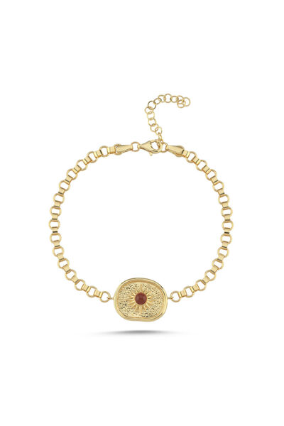 Sembol Gold Vintage Akik Taşlı Güneş Motifli Kalın Zincir Bileklik 17-20 cm