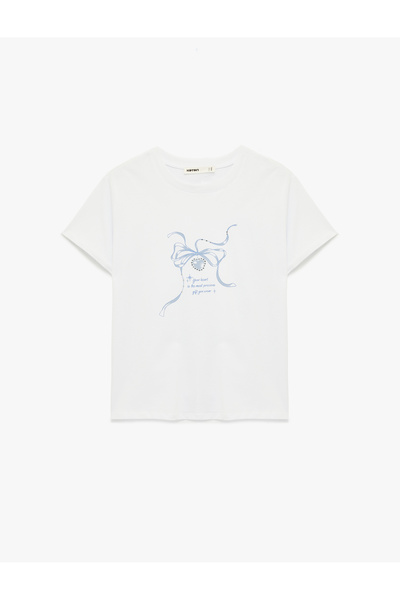Koton Women'S White Bowtie Detail Cotton T-Shirt