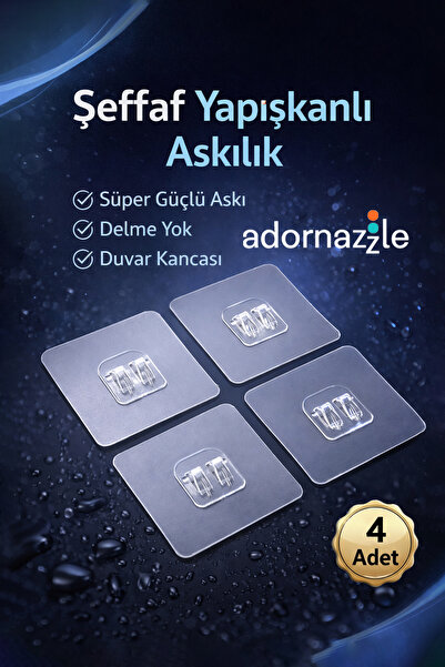 adornazzle 4 Adet 7x7 cm Şeffaf Yapışkanlı Askılık, Şeffaf Sticker, Süper Güç...