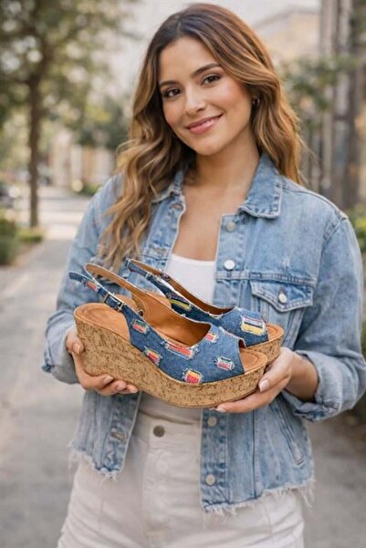 Les Passent Pantofi de damă Mantara Blue Denim, cu toc pană de 10 cm, talpă d...