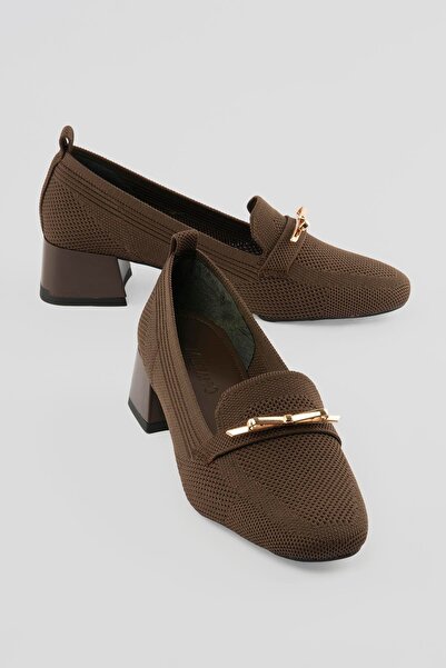 Mubiano Women's Knitwear Heeled Shoes with Gold Buckle Sirel Brown