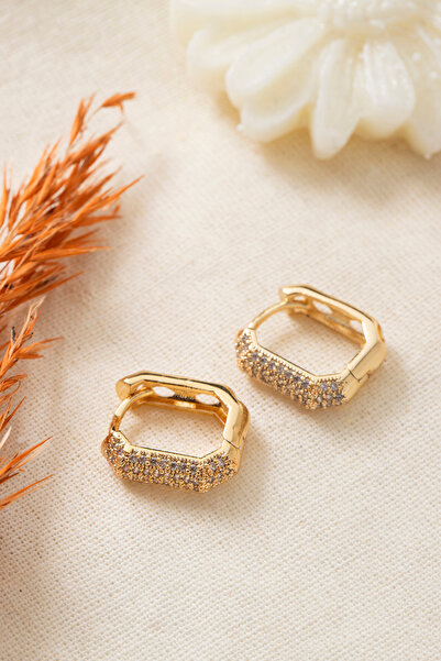 Elika Silver Zirkon Taşlı Sıralı 14K Altın Kaplama Kare Küpe