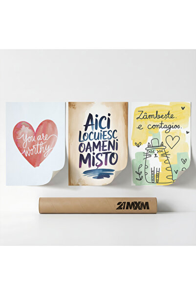 21mxm Set 3 Postere Decorative 'Mesaje De Viata 12', Material Textil, A4 (21 ...