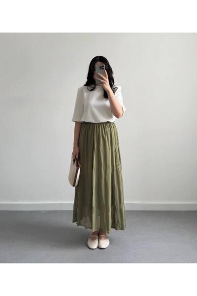 MAESTRO WOMAN Kadın Açık Yeşil Uzun Beli Lastikli Pileli Şifon Etek
