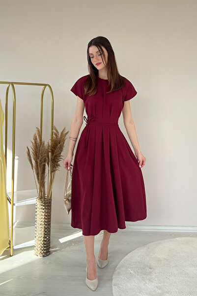 Klex Kadın Pileli Midi Elbise – Kısa Kollu, Belden Kuşaklı, Zarif ve Günlük Ş...