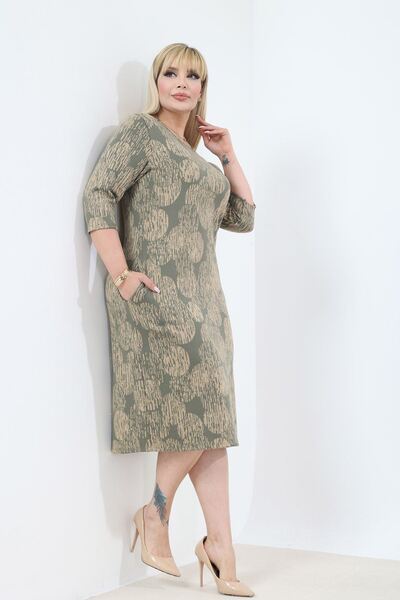 modayız Double Pockets Patterned Stretchy Winter Plus Size Midi Dress 25B-2774