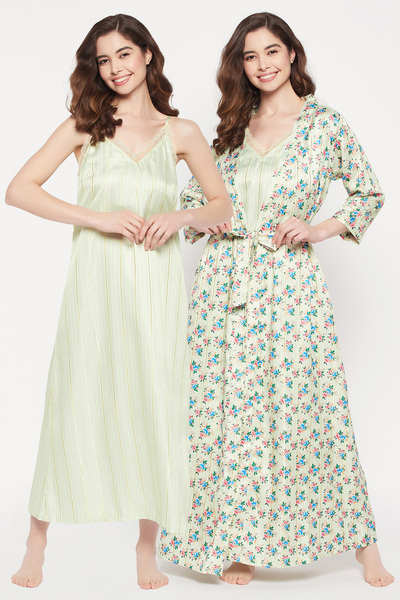 Clovia فستان نوم طويل أنيق وبسيط مع روب مزين بنقوش زهور جميلة باللون الأخضر ا...