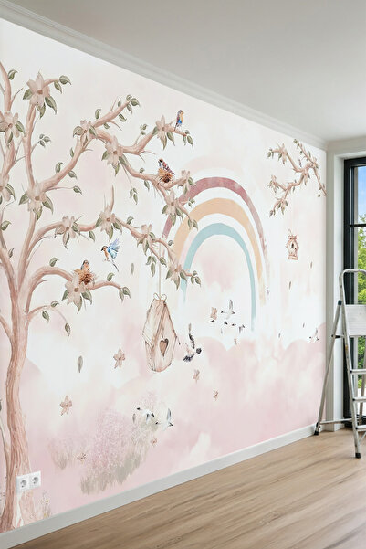 MİRAZAWALL Pastel Gökkuşağı ve Kuş Yuvalı Tek Parça Tekstil Duvar Kağıdı