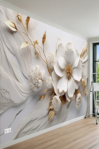 MİRAZAWALL Gold 3 Boyutlu Çiçek Desenli Tek Parça Tekstil Duvar Kağıdı