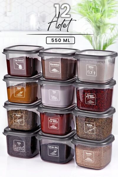 Kitchen Life 12 Adet Etiketli ve Kaşıklı Antrasit Baharatlık Seti -550 ml - 1...