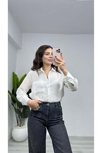 TUNAM BUTİK 7843 Ultra Thin Transparent Shirt with Stripe Detail White