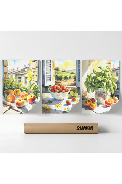 21mxm Set 3 Postere Deco „Natură statică mediteraneană 07”, Material textil, ...