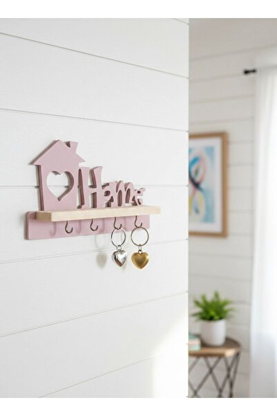 Dekoratif Home Yazılı Ahşap Raflı Anahtarlık Askılığı 4 Kancalı Duvar Organizeri 17*28