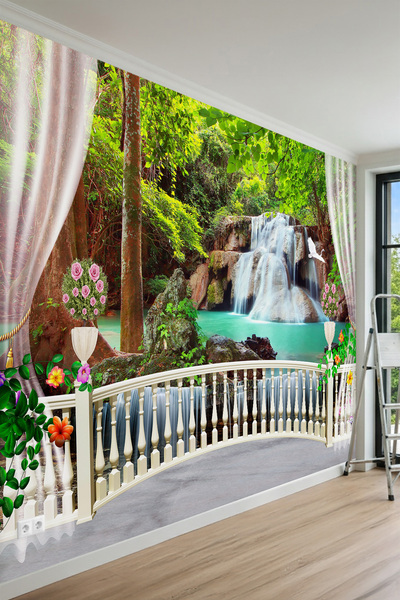 MİRAZAWALL Perde Detaylı Şelale Manzaralı Balkon Görünümlü Tek Parça Tekstil ...