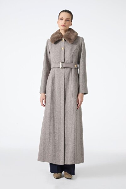 Zühre Fur Collar Belt Detailed Mink Cashmere Coat 13425