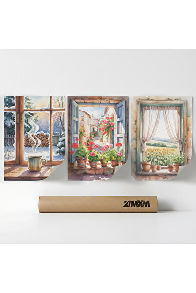21mxm Set 3 Postere Decorative „Ferestre spre Sud 10”, Material Textil, A3 (2...