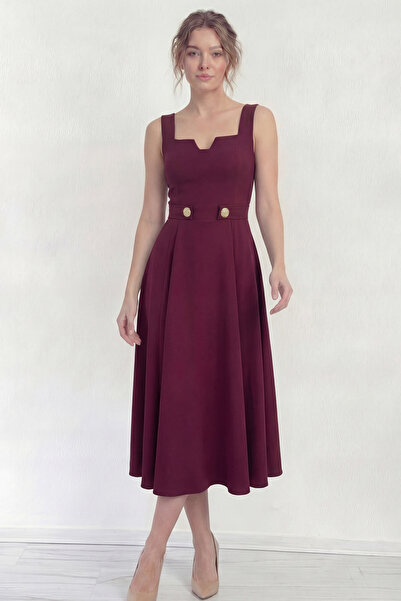 zks grup tekstil Women's Square Collar Button Detailed Midi Dress Black, Lila...