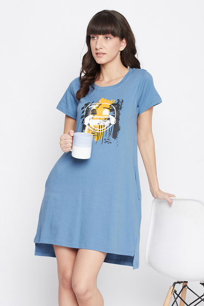 Clovia Emoji Print Short Night Dress in Baby Blue - 100% Cotton