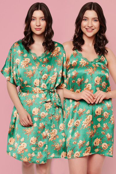 Clovia 2 Pc Set in Green - Floral Print Short Night Dress & Robe - Satin
